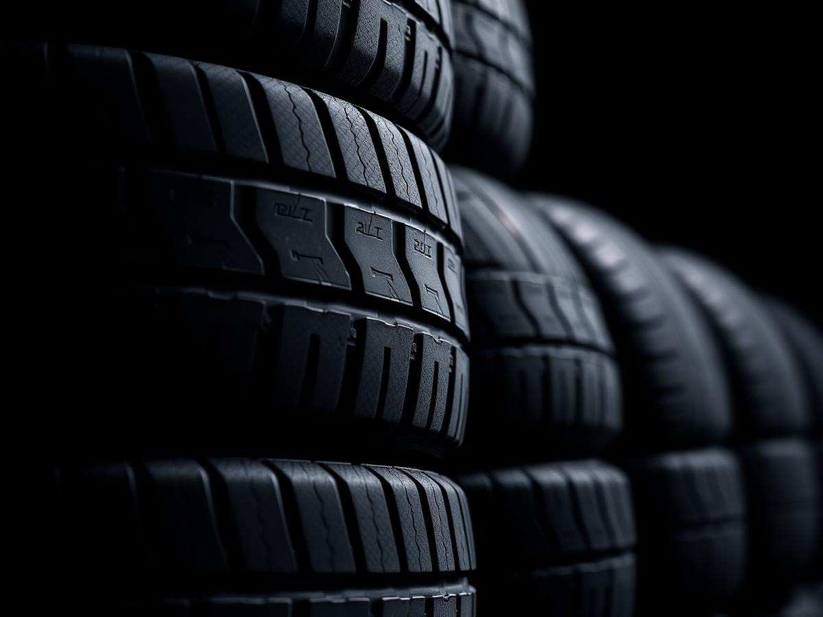 Close-up of new tire treads stacked at Tony's Tires